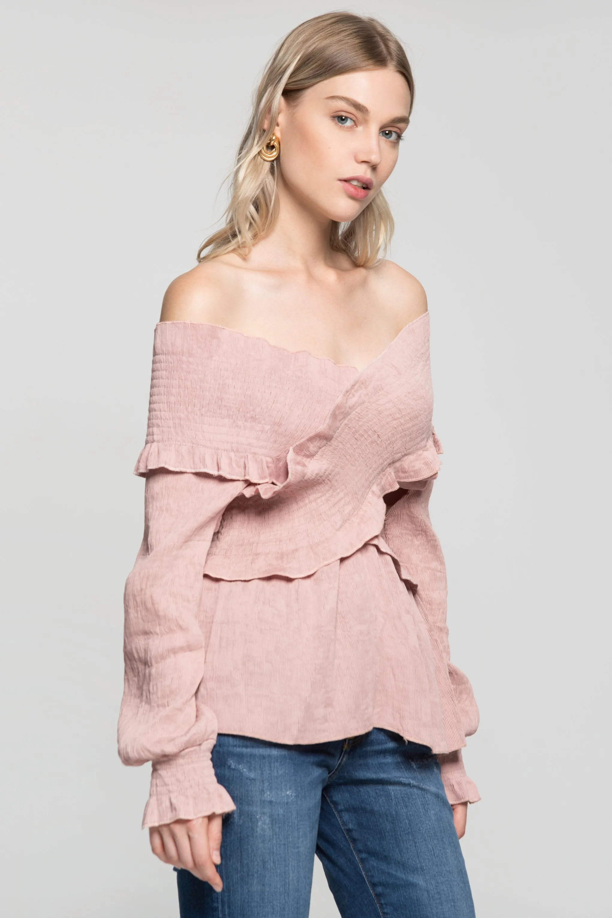 Carnation Pink Criss Cross Gathers V-Neck Top