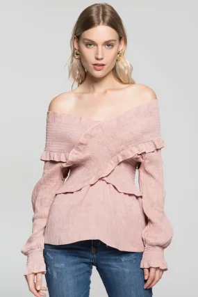 Carnation Pink Criss Cross Gathers V-Neck Top