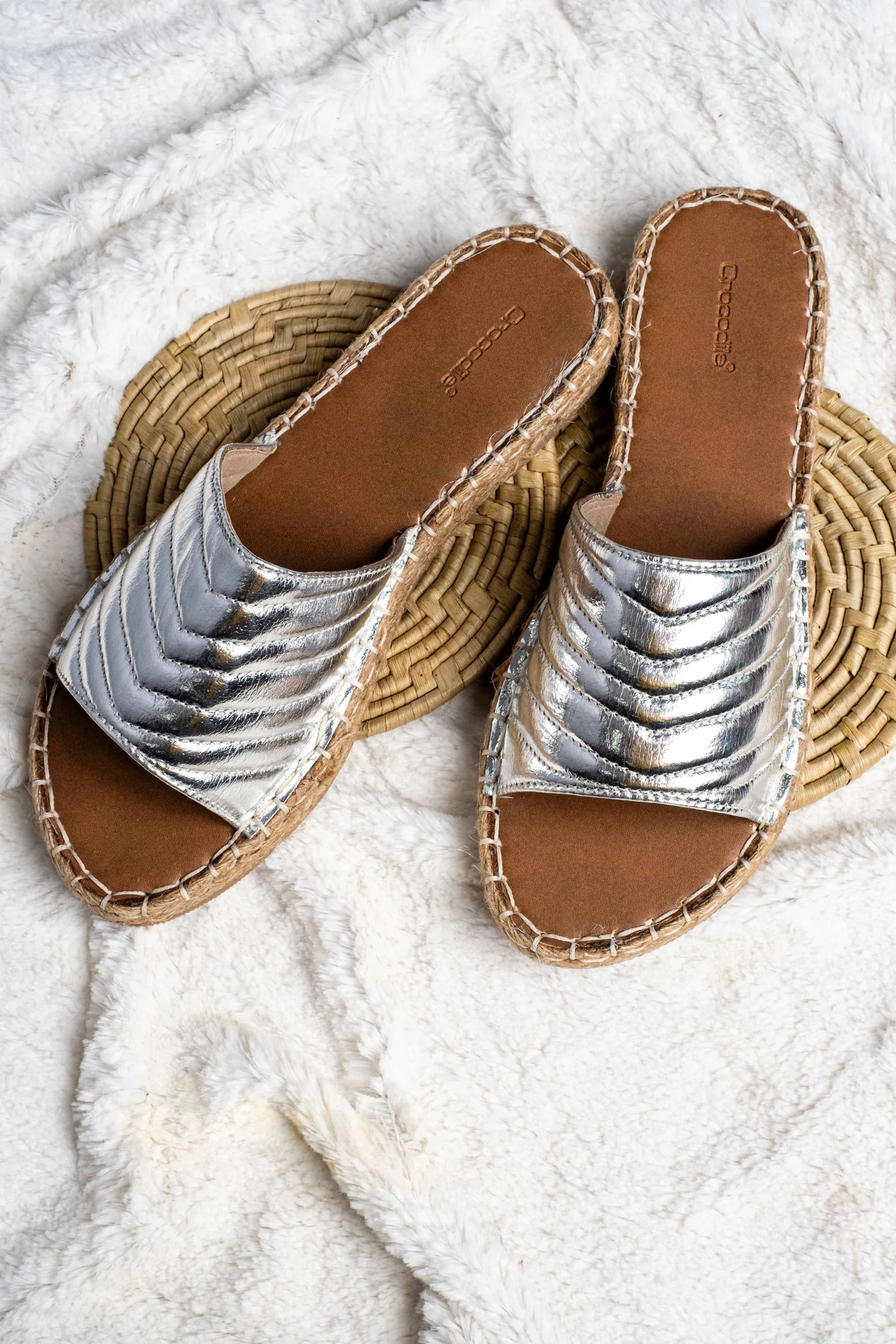 Celestia - Metallic Strap Slides with Round Toe in Silver