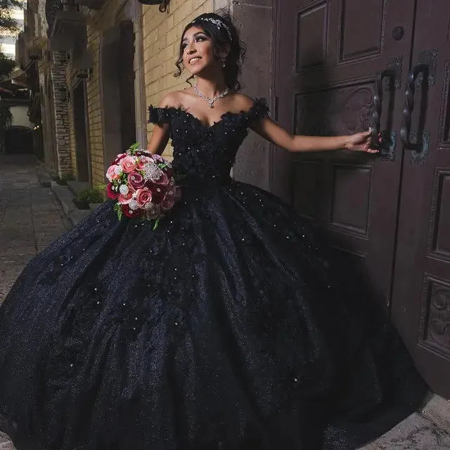 Chic Black Quinceañera Ball Gown with Beading & 3D Flowers