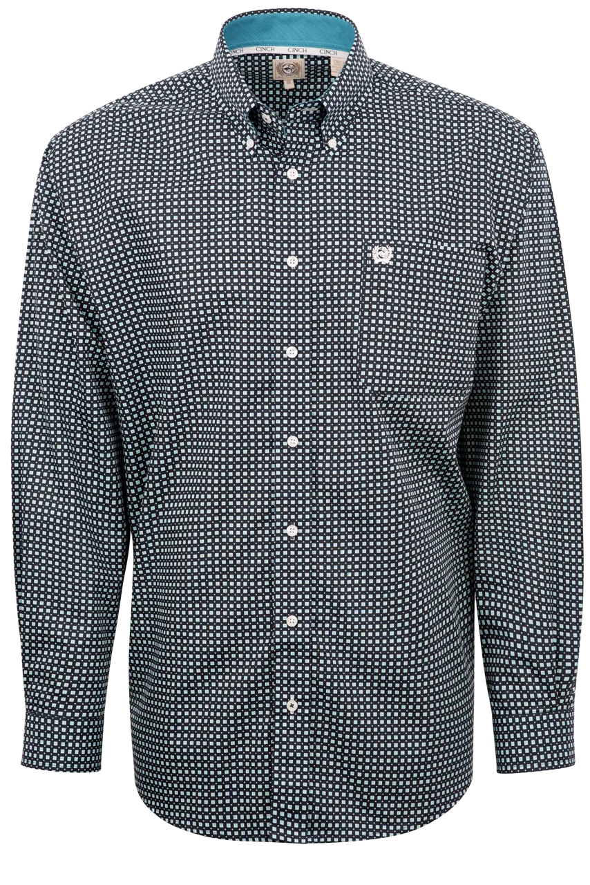 Cinch Mini Block Print Button-Front Shirt - Navy