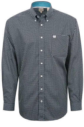 Cinch Mini Block Print Button-Front Shirt - Navy