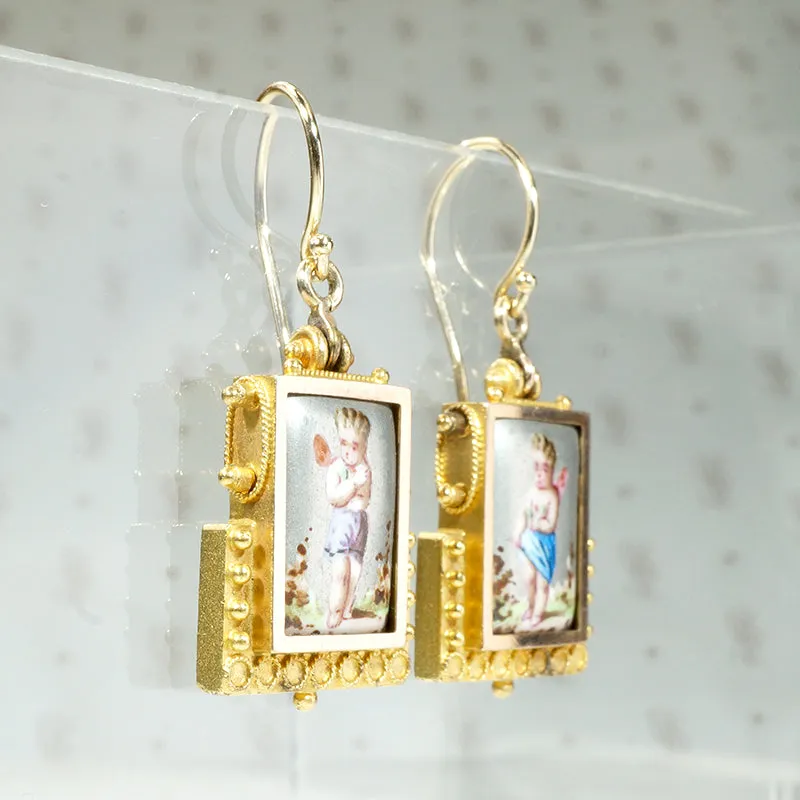 Cupid Earrings in Pastel Enamel & Etruscan Revival Gold Work