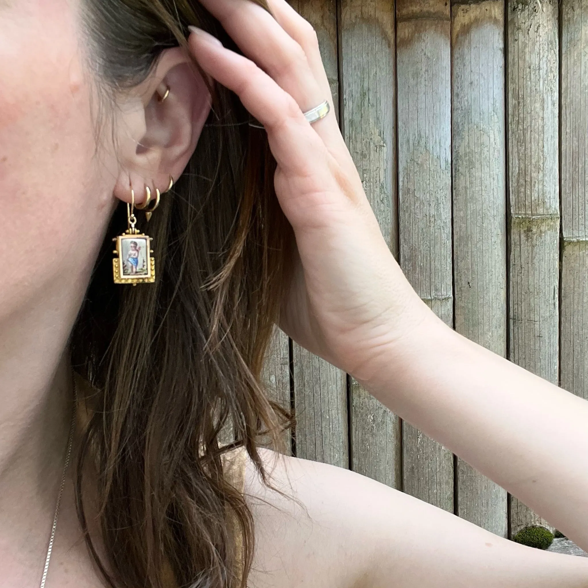 Cupid Earrings in Pastel Enamel & Etruscan Revival Gold Work