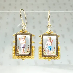 Cupid Earrings in Pastel Enamel & Etruscan Revival Gold Work