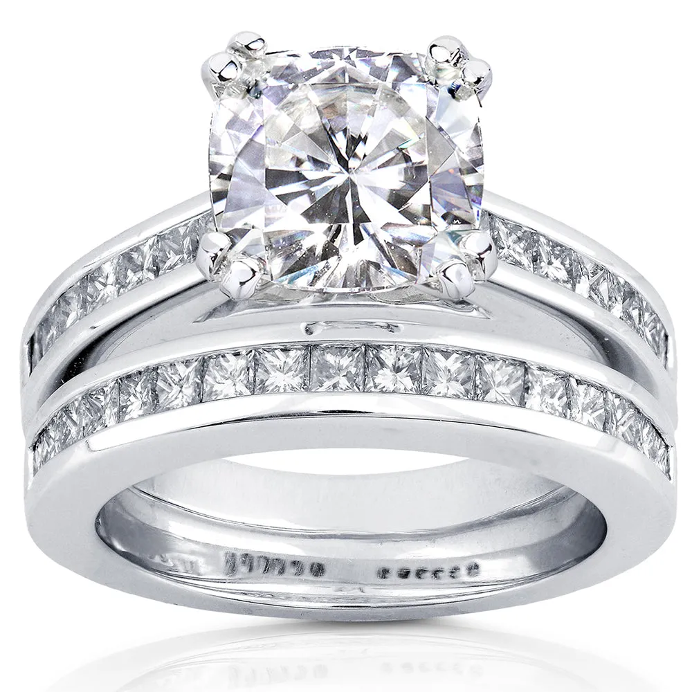 Cushion-cut Moissanite Bridal Set with Diamond Ring 3 CTW 14k White Gold