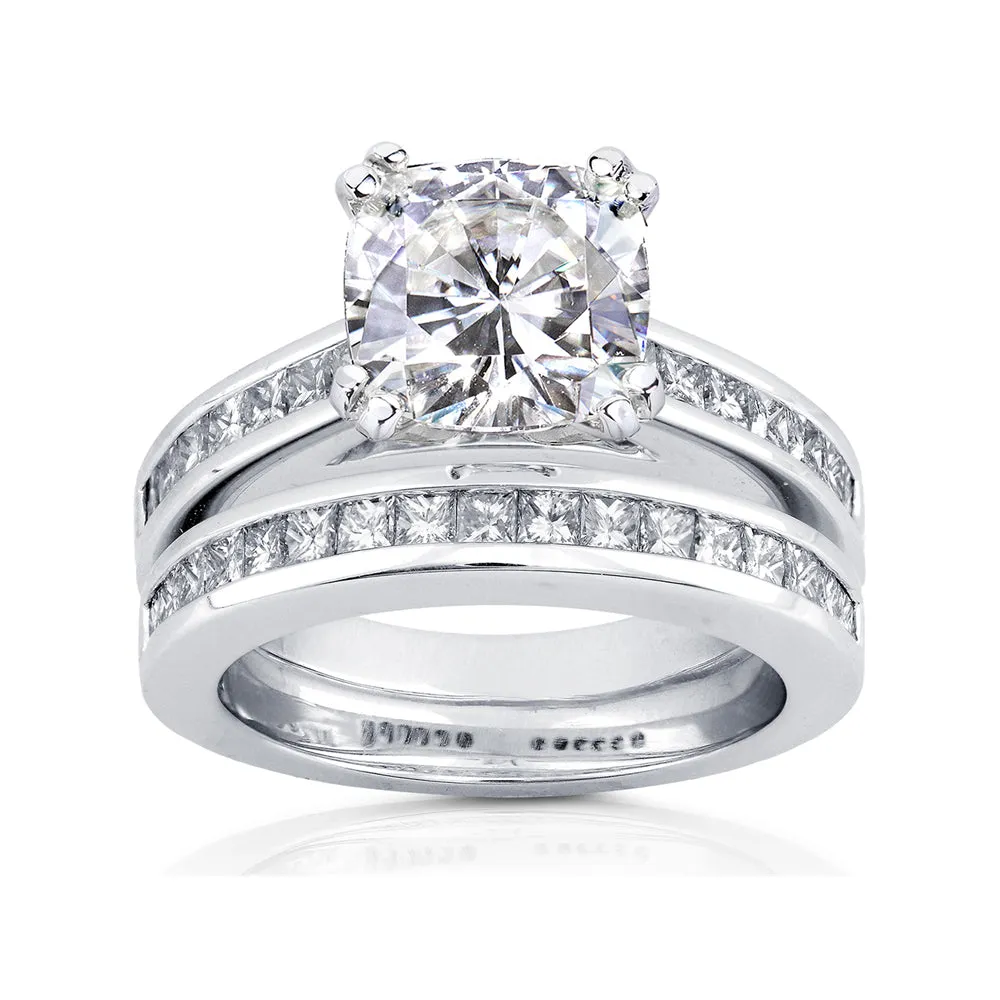 Cushion-cut Moissanite Bridal Set with Diamond Ring 3 CTW 14k White Gold