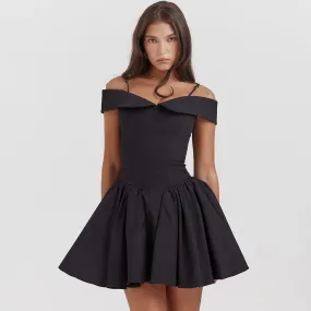 Cute Turnover Sweetheart Neck Cold Shoulder Drop Waist Flared Mini Party Dress