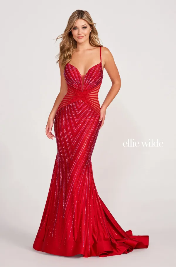 Ellie Wilde 34002 Stretch Satin Rhinestone Fit & Flare Gown