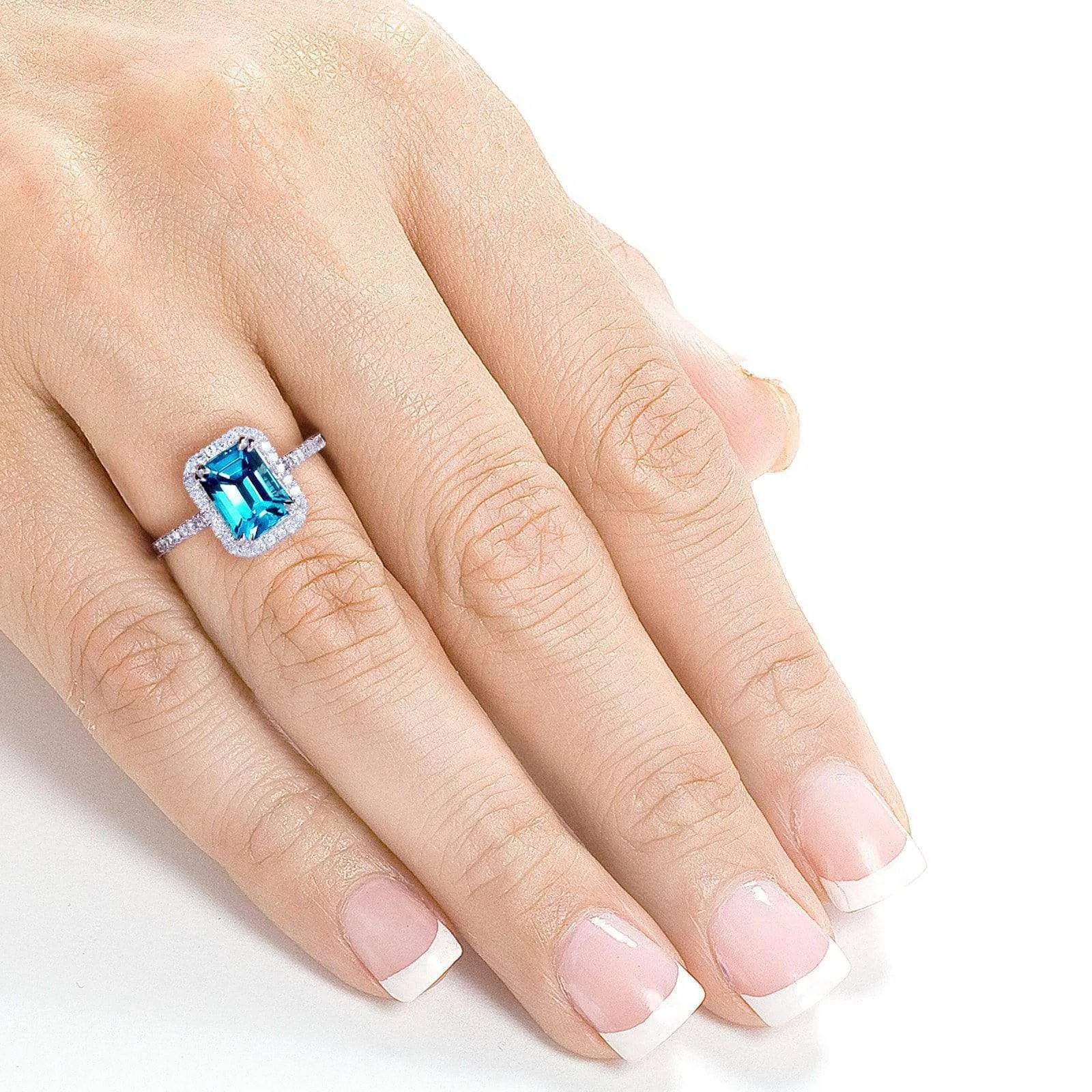 Emerald Cut Swiss Blue Topaz and Diamond Halo Ring 1 3/4ct CTW 14k White Gold