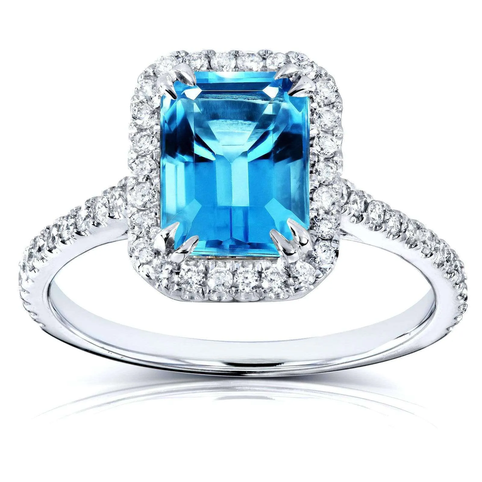 Emerald Cut Swiss Blue Topaz and Diamond Halo Ring 1 3/4ct CTW 14k White Gold