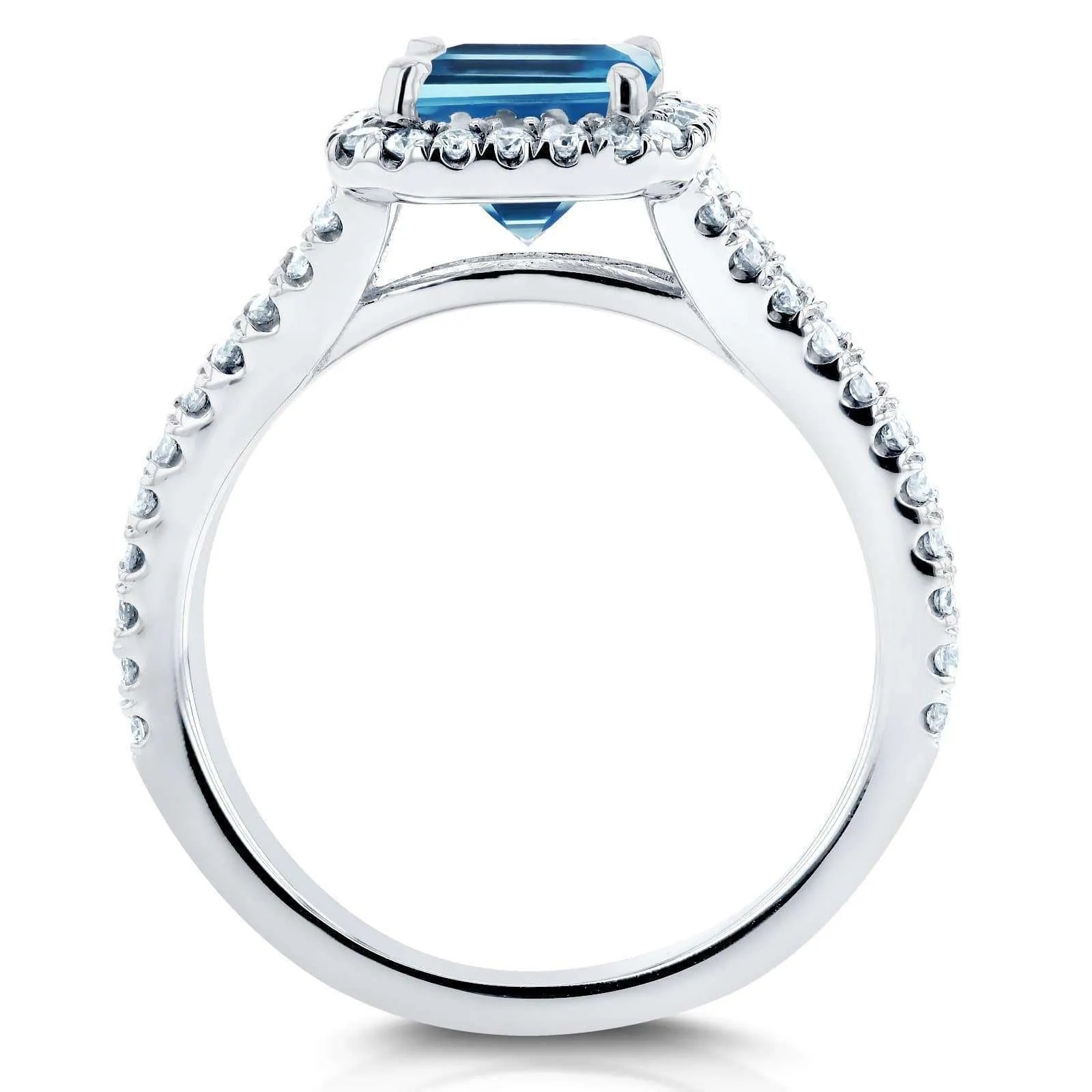 Emerald Cut Swiss Blue Topaz and Diamond Halo Split Shank Ring 2ct CTW 14k White Gold