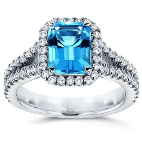 Emerald Cut Swiss Blue Topaz and Diamond Halo Split Shank Ring 2ct CTW 14k White Gold