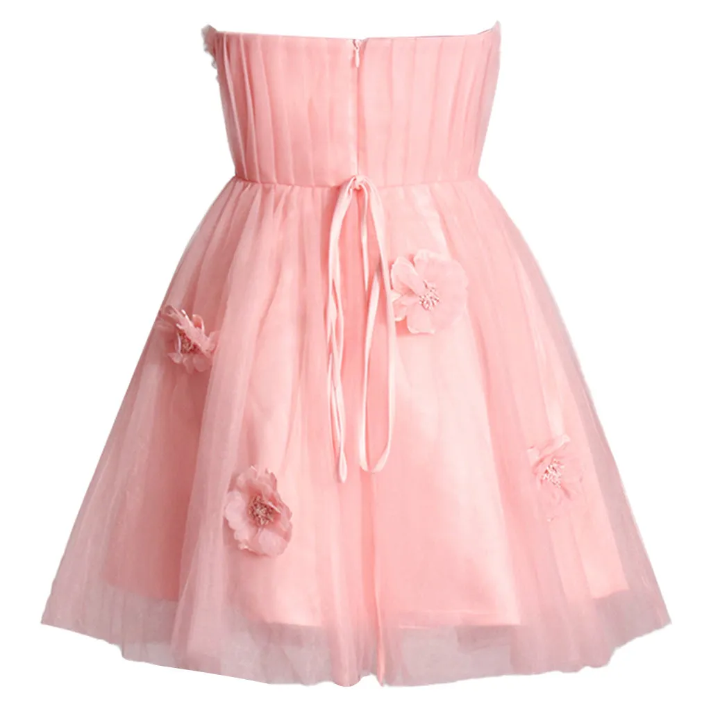 Fairytale Bloom Rosette Applique Pleated Strapless Bow Tie Tulle Mini Dress