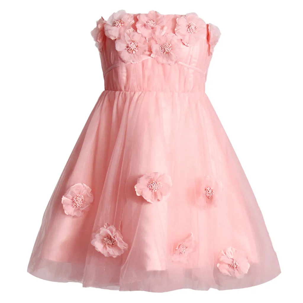 Fairytale Bloom Rosette Applique Pleated Strapless Bow Tie Tulle Mini Dress