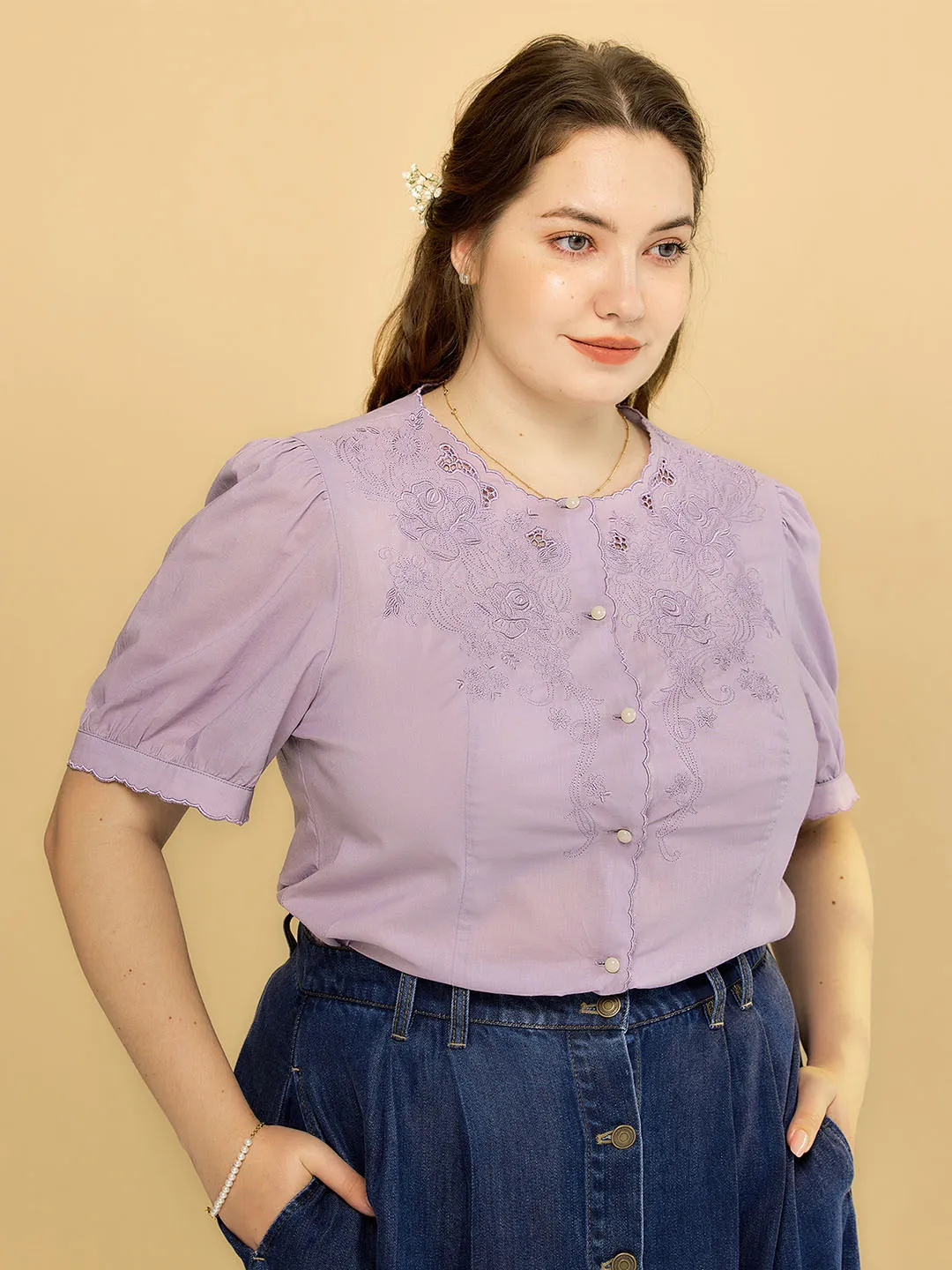 【Final Sale】Plus Size Gracie Round Collar Embroidery Blouse-Taro Purple