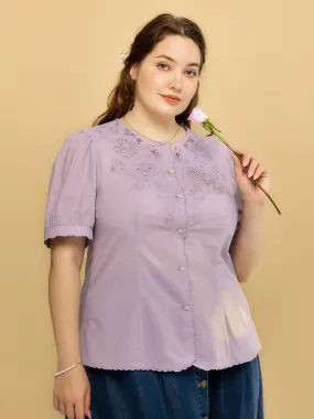 【Final Sale】Plus Size Gracie Round Collar Embroidery Blouse-Taro Purple