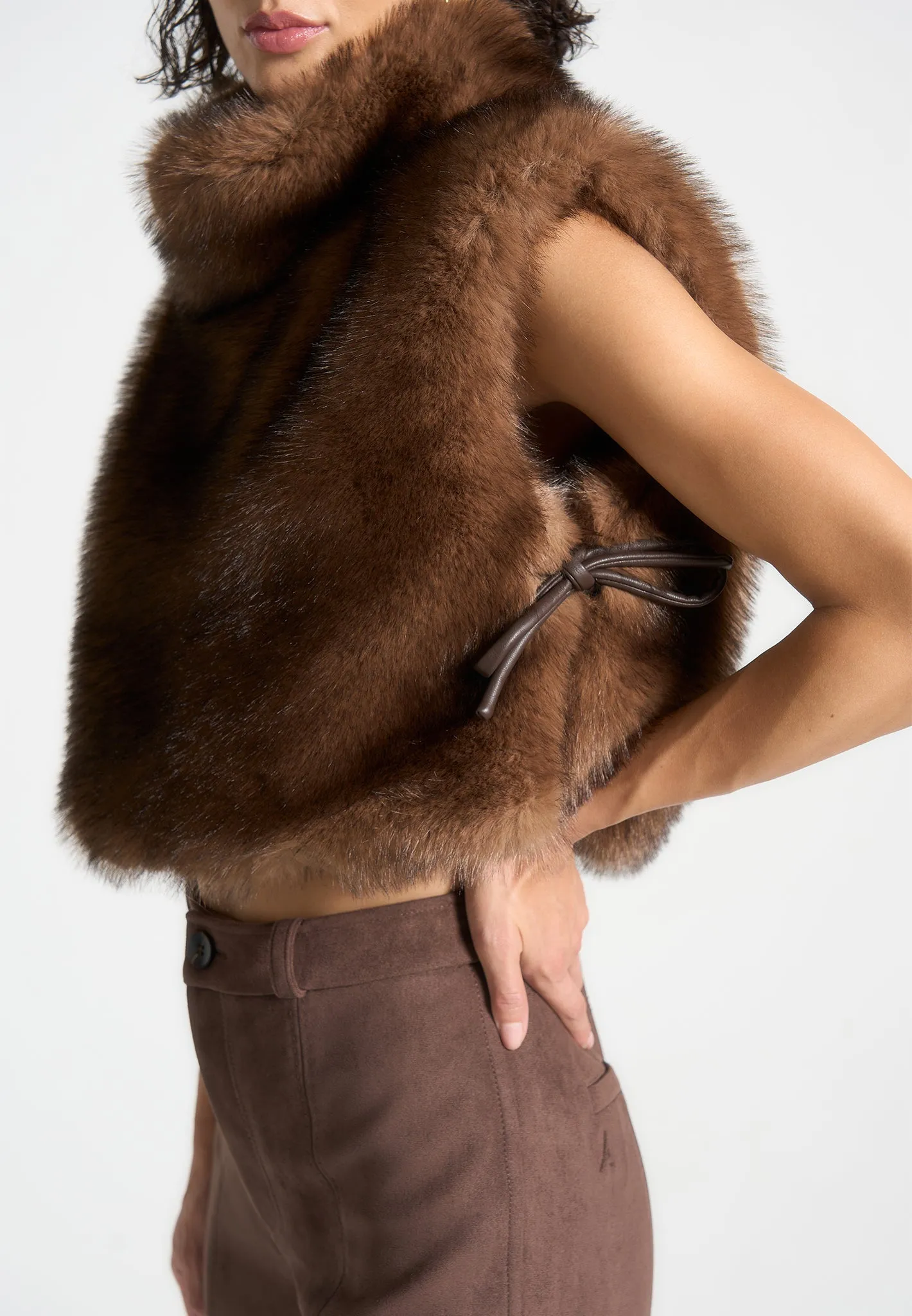 Fur High Neck Jumper with Ties - Brown