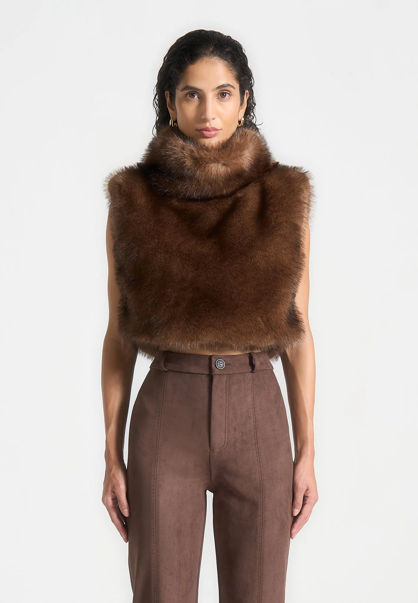 Fur High Neck Jumper with Ties - Brown