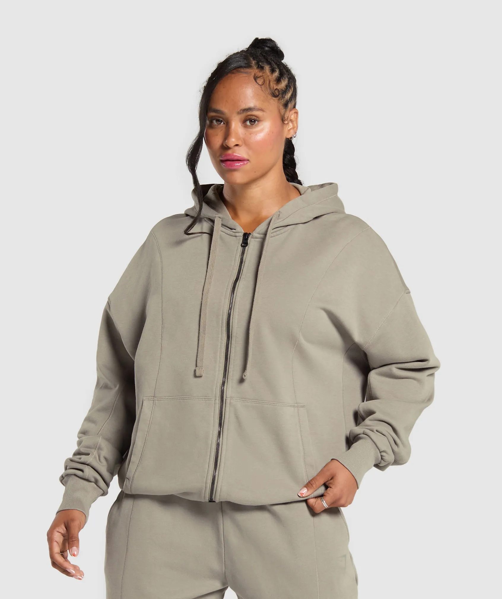 Gymshark Power Oversized Zip Hoodie - Linen Brown/Acid Wash