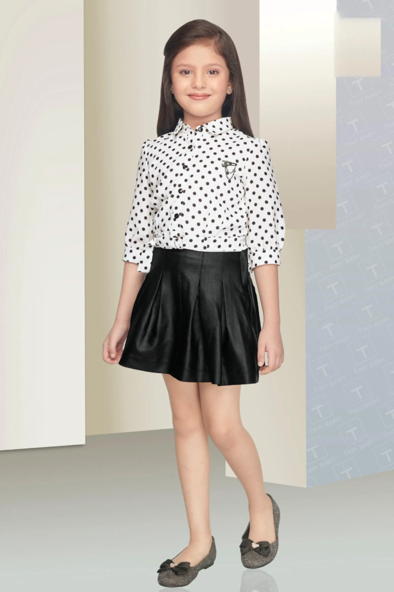 Half White with Black Dot Print Top and Divider Skirt for Girls