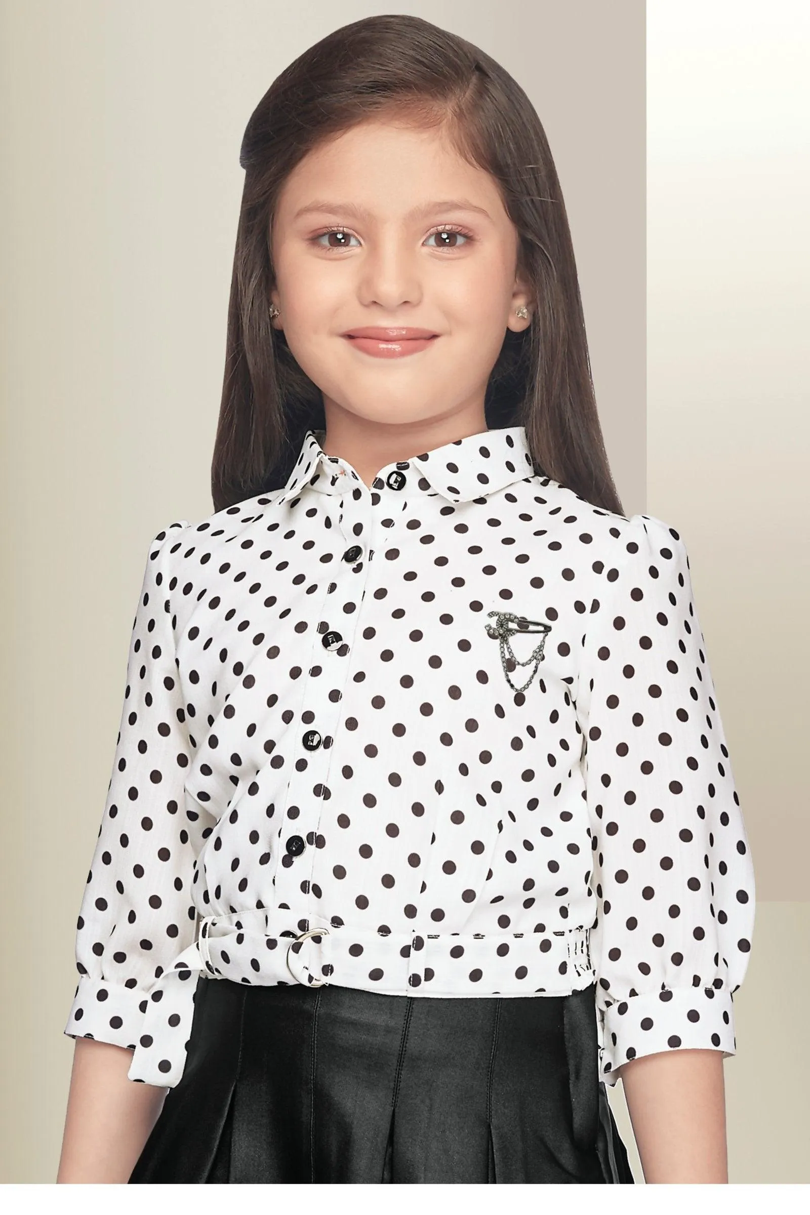 Half White with Black Dot Print Top and Divider Skirt for Girls