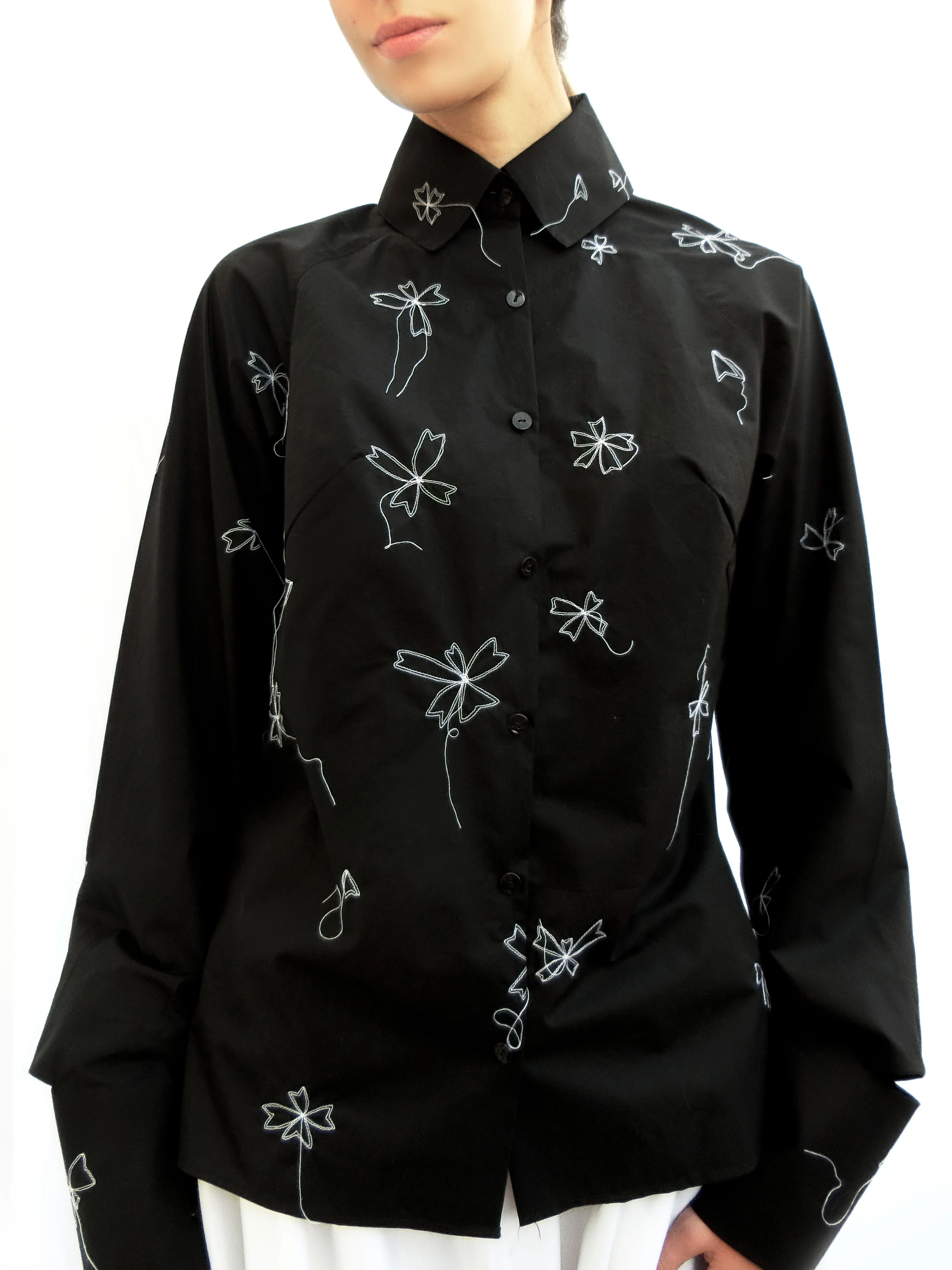 Handmade Italian Cotton Origami Shirt with Stitch embroidery/ Black