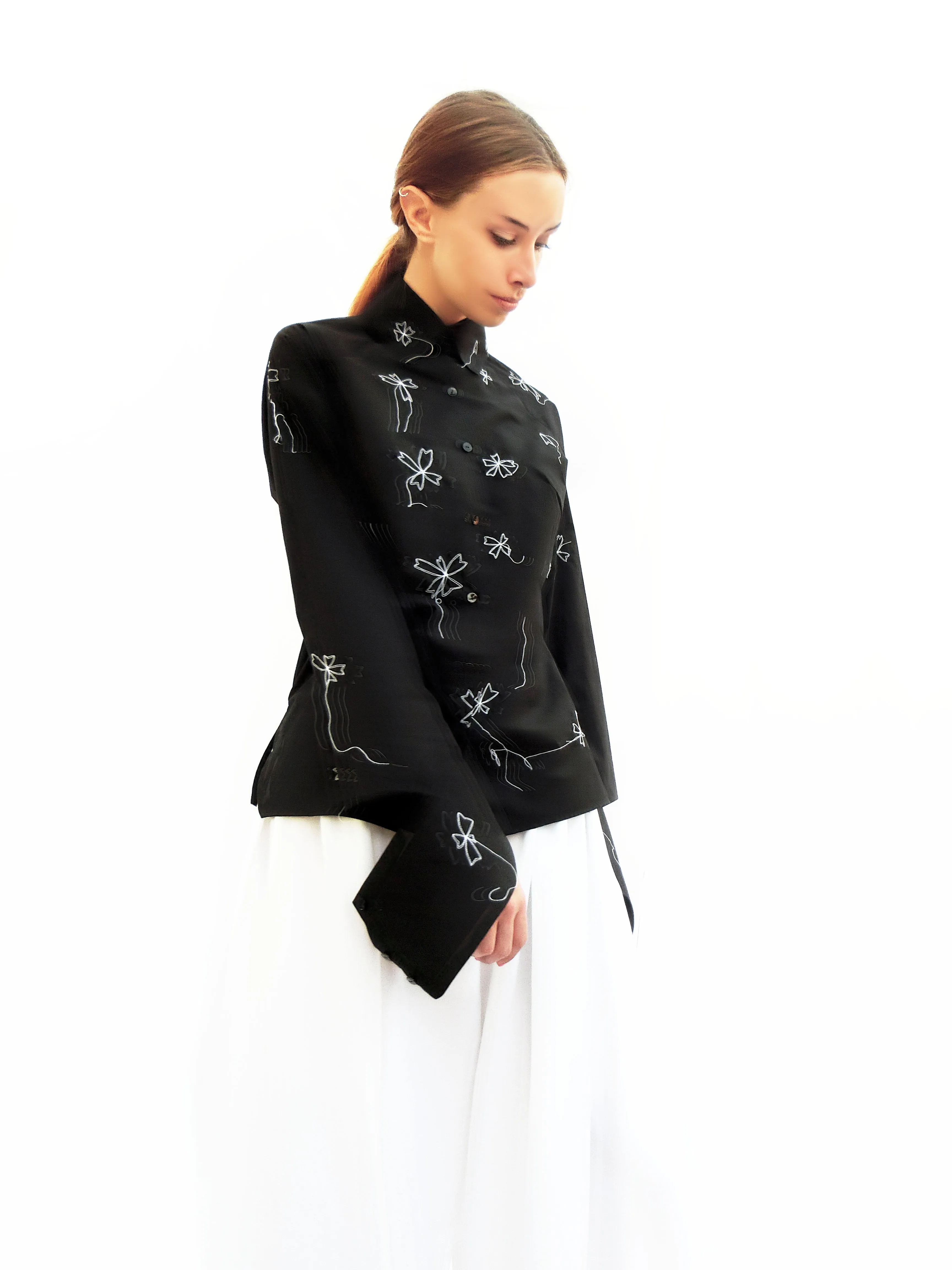 Handmade Italian Cotton Origami Shirt with Stitch embroidery/ Black