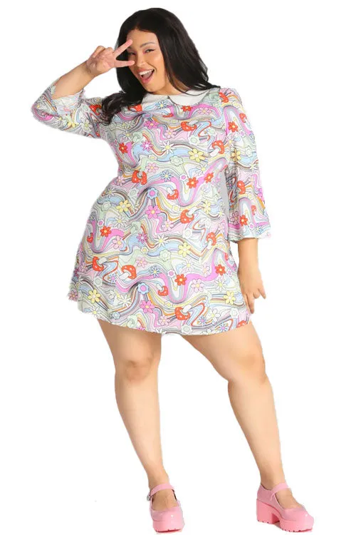 Hell Bunny Happy Daze Mini Dress with Peter Pan Collar and Psychedelic Print