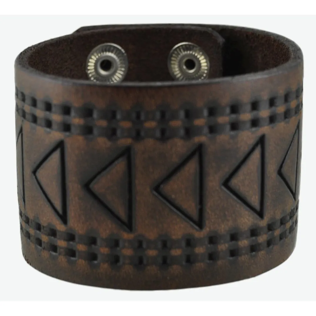 Hole Punched and Triangle Embossed Dark Brown Leather Cuff