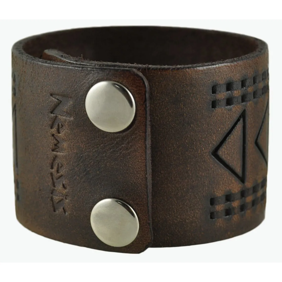 Hole Punched and Triangle Embossed Dark Brown Leather Cuff