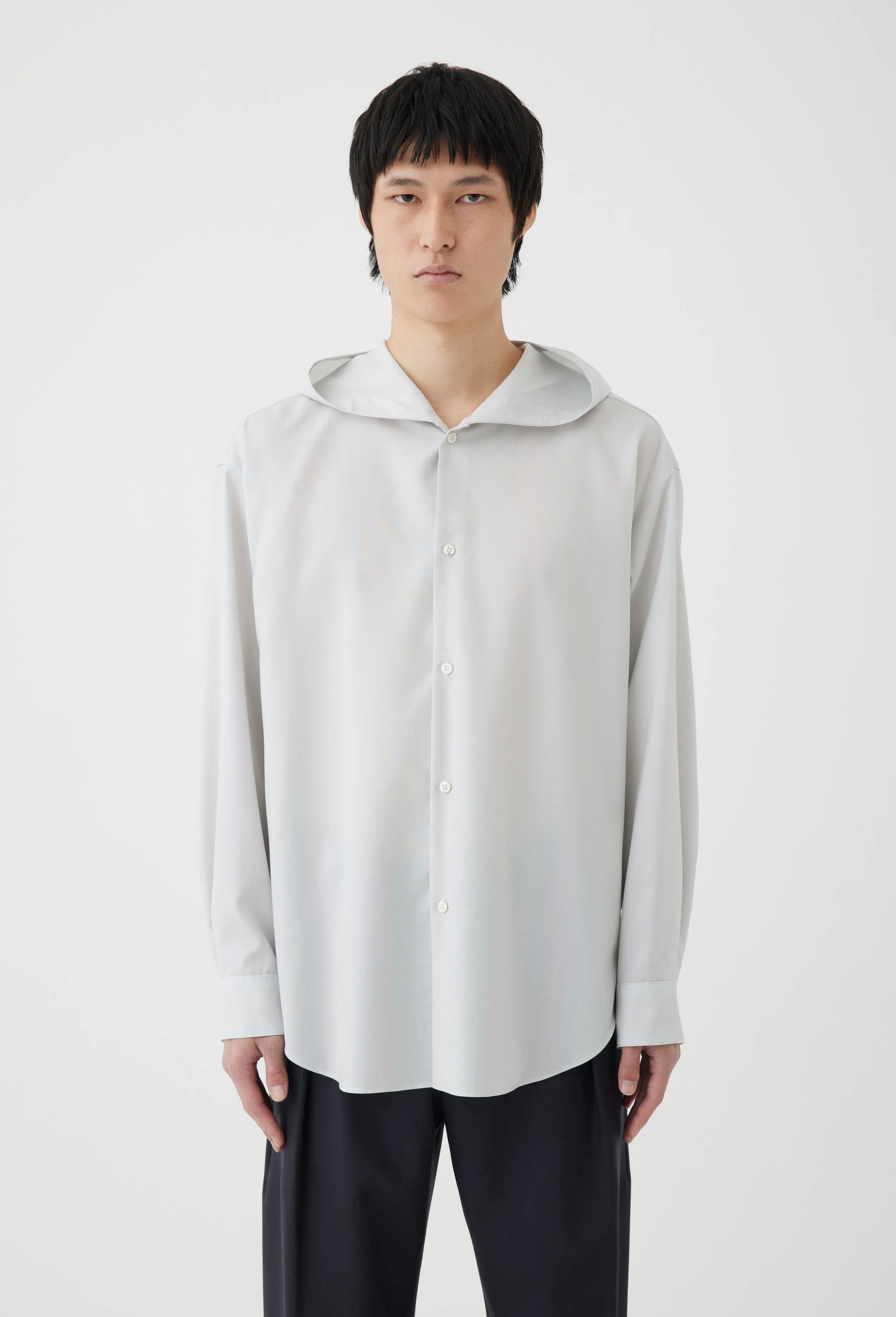 Hooded Wool Shirt in Blue Stripe