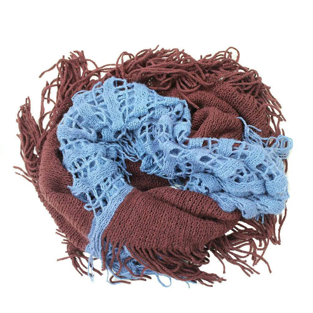 Infinity Scarf w/ Open Knit & Fringe - Blue/Brown