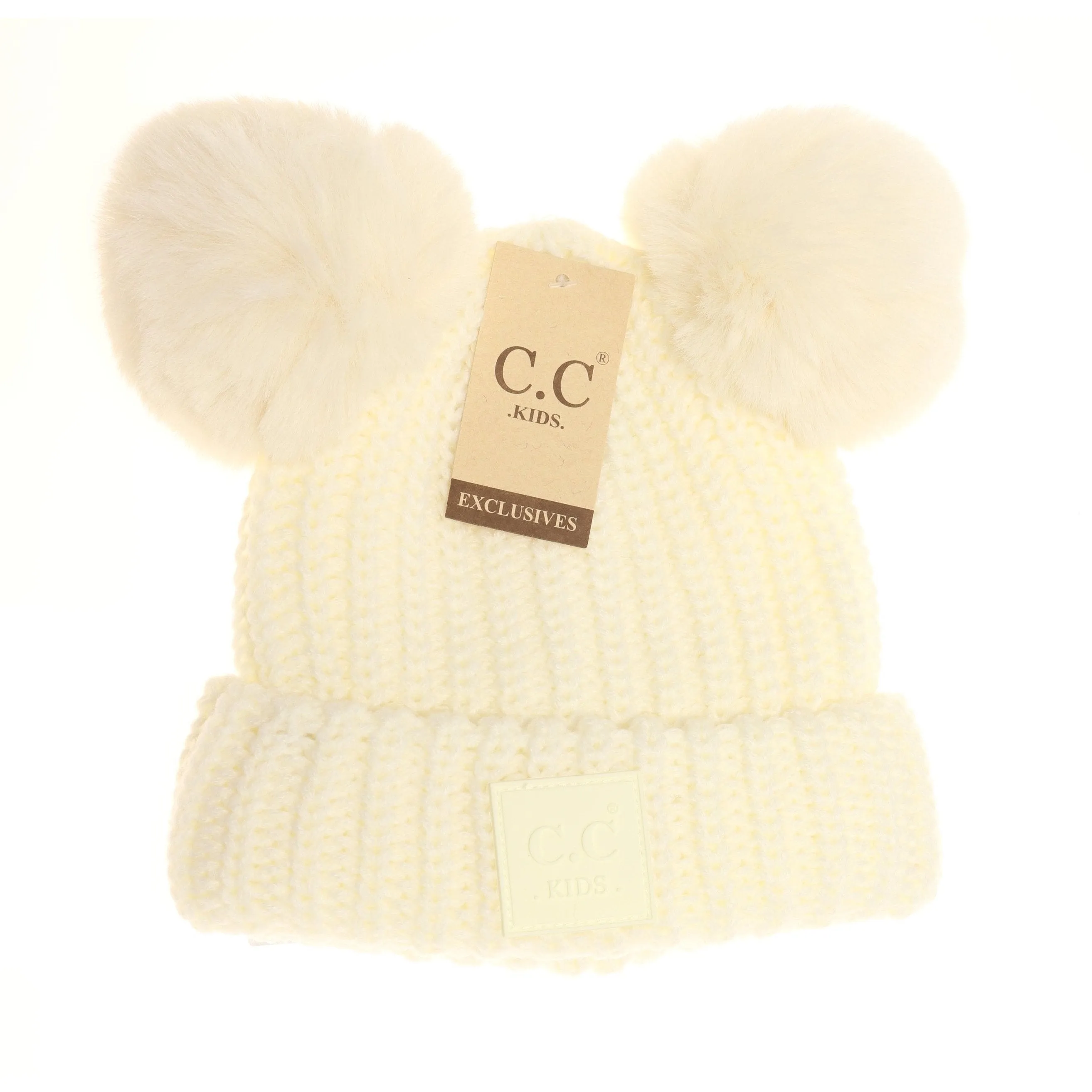 KIDS DOUBLE POM CC BEANIE WITH RUBBER PATCH