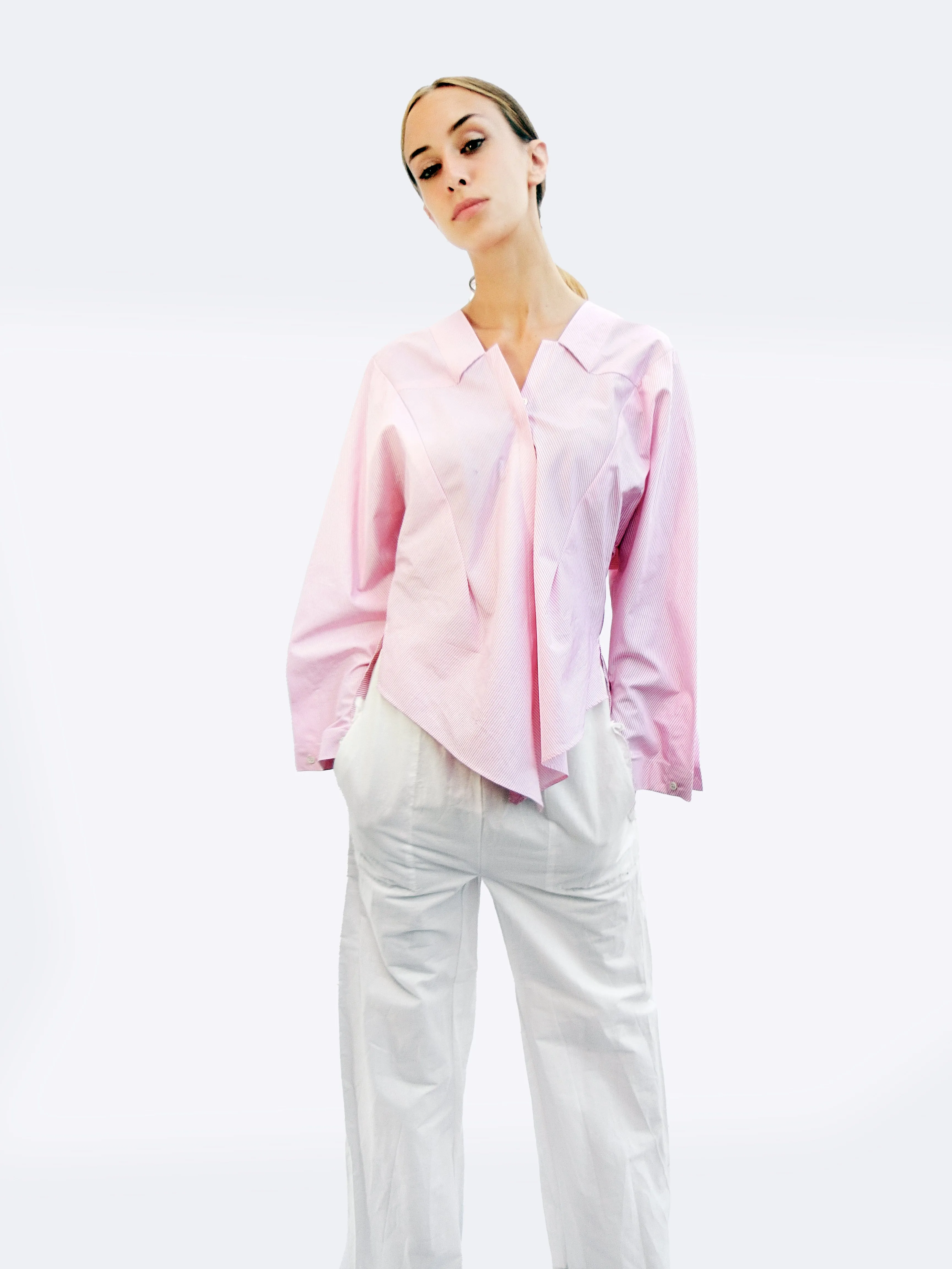 Long Sleeve Striped Shirt with Origami Classic Collar/ Light pink