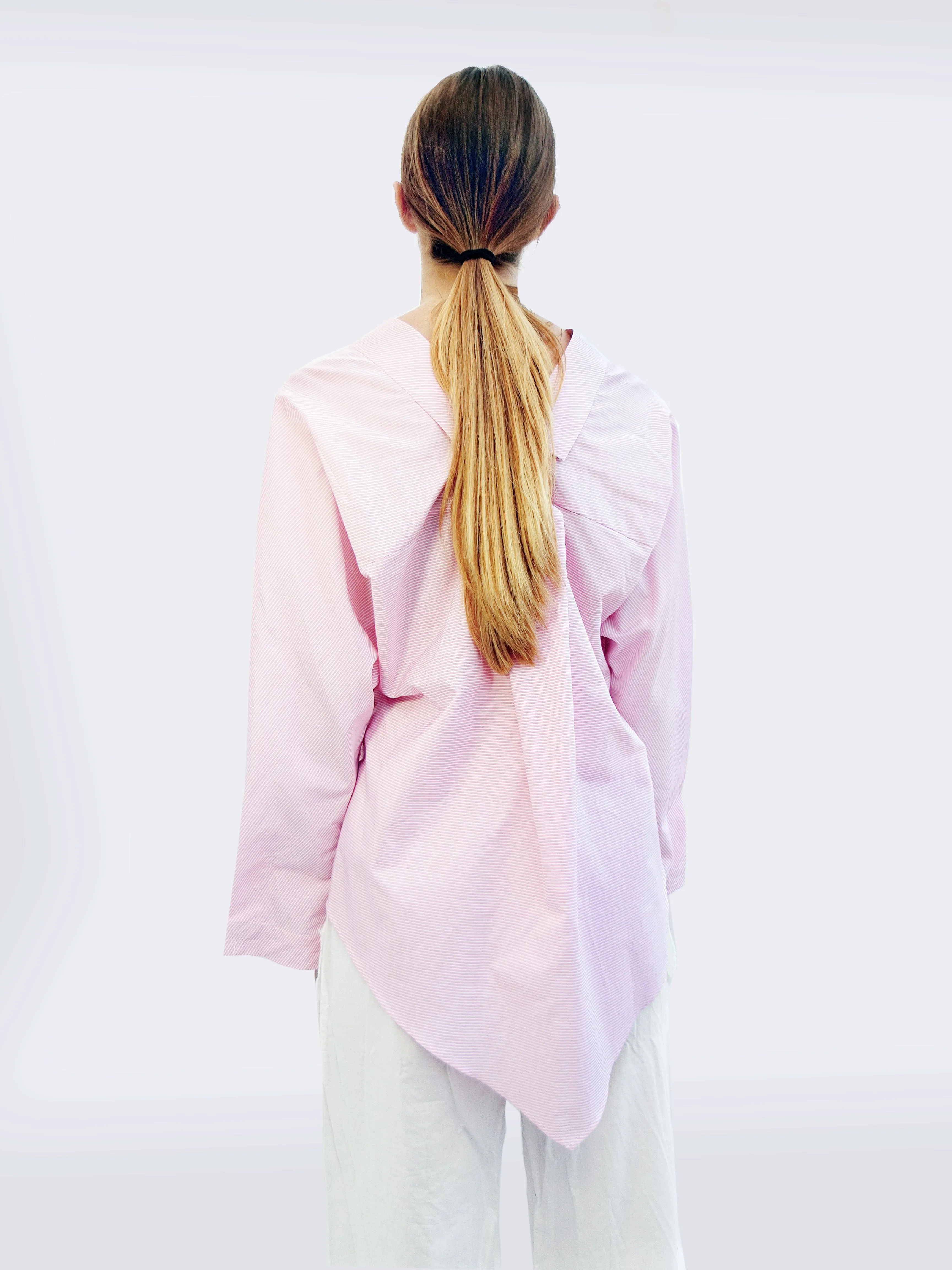 Long Sleeve Striped Shirt with Origami Classic Collar/ Light pink