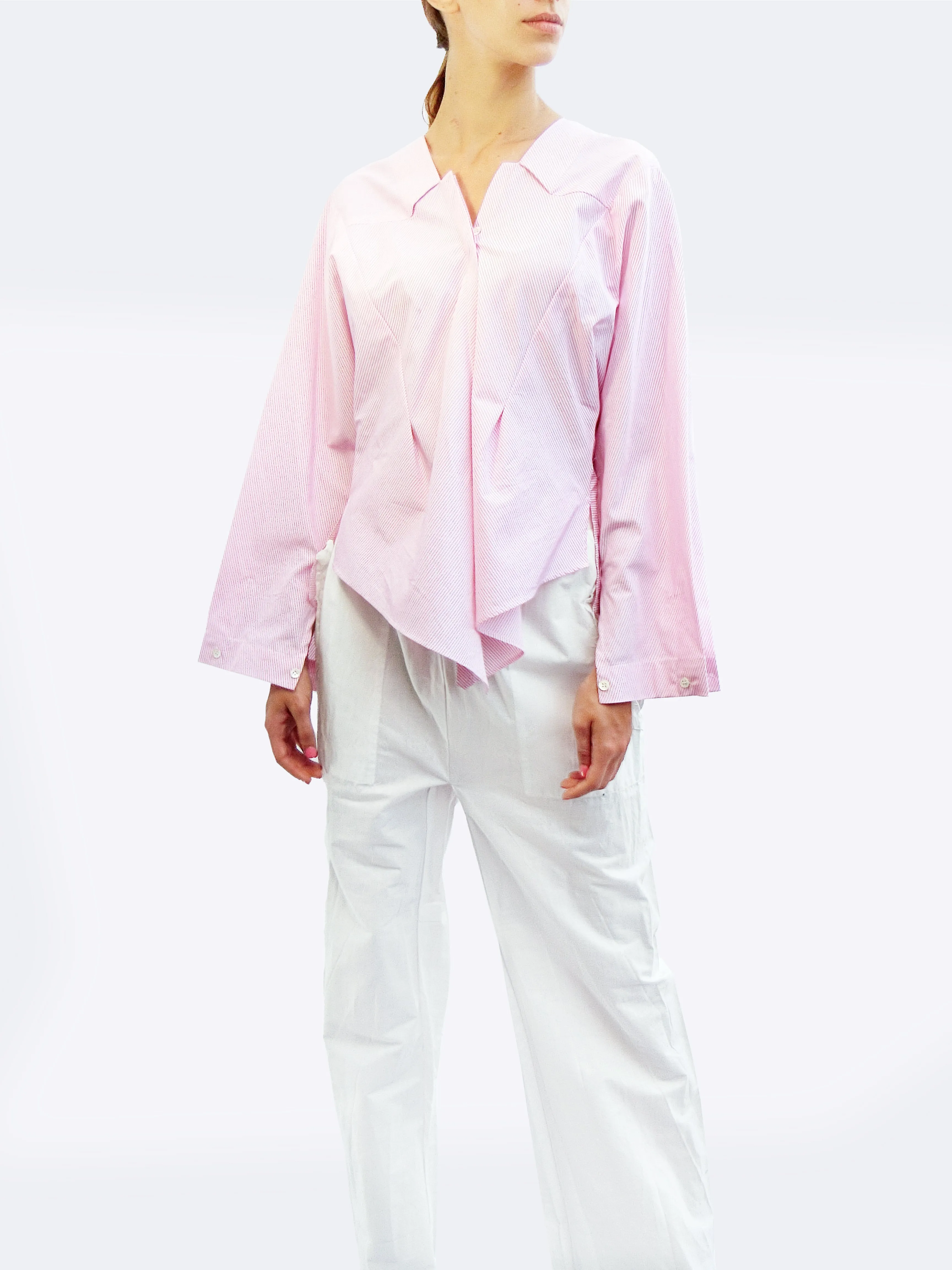 Long Sleeve Striped Shirt with Origami Classic Collar/ Light pink