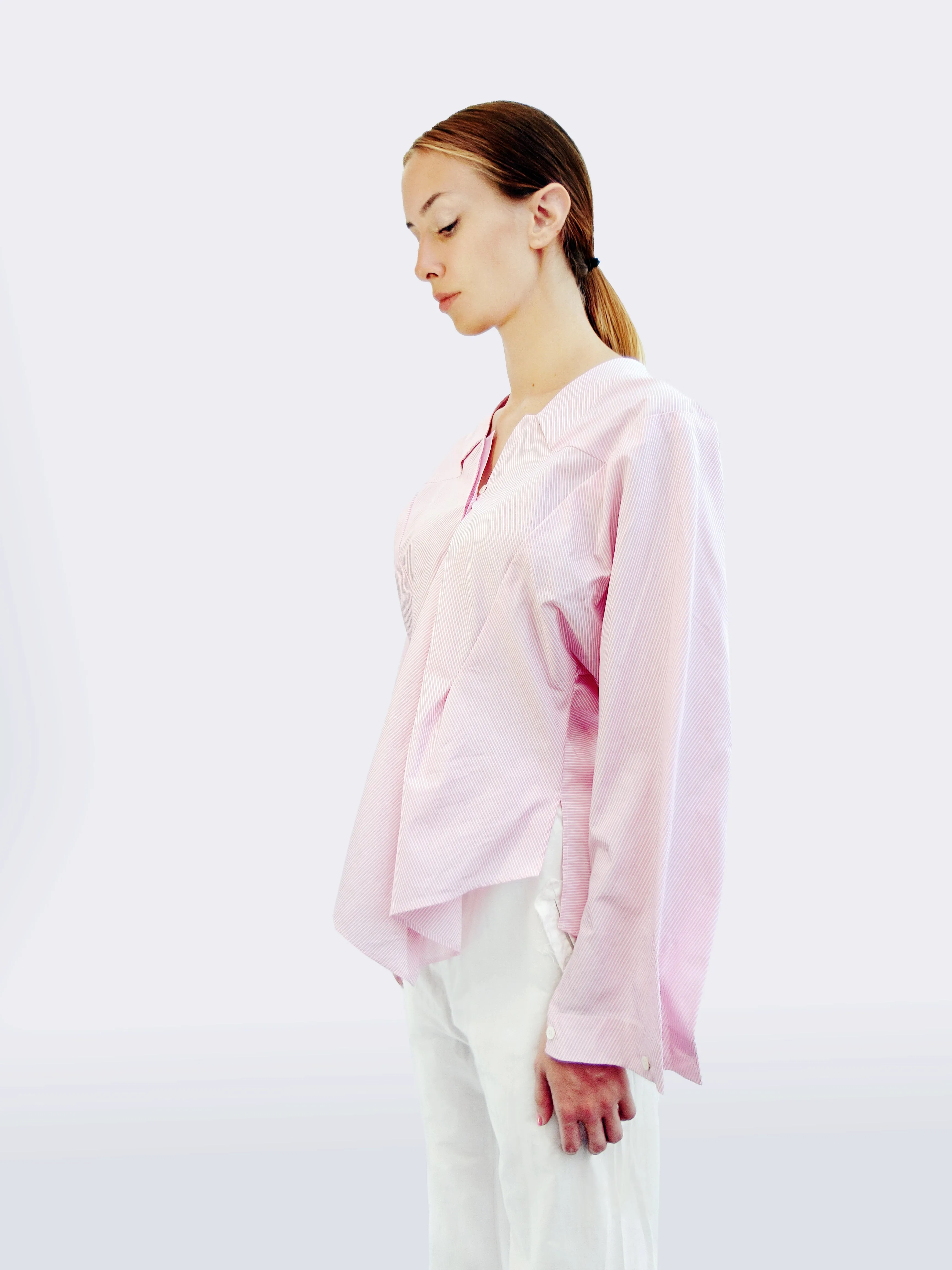 Long Sleeve Striped Shirt with Origami Classic Collar/ Light pink