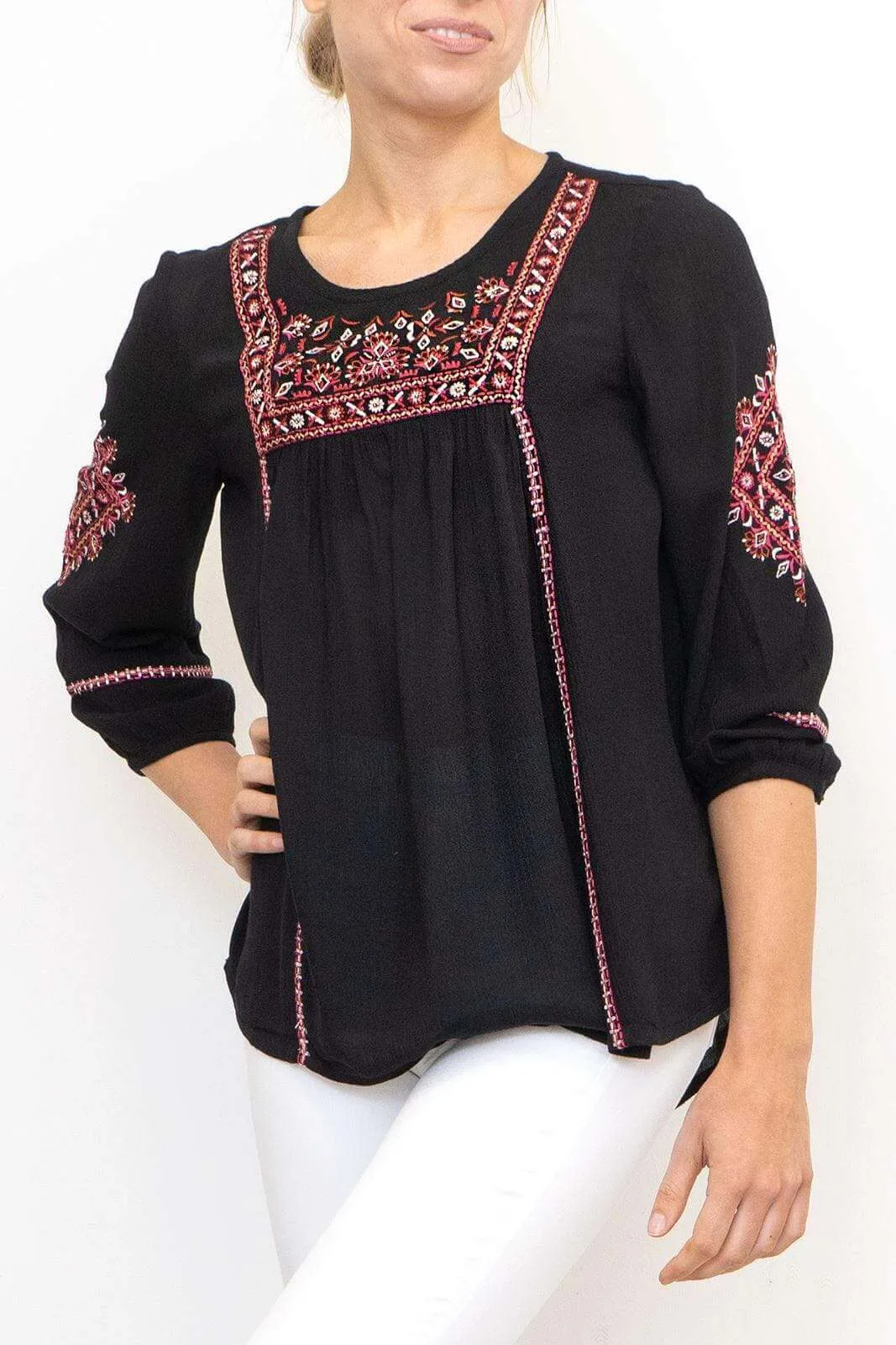 M&Co Embroidered Sequinned Long Sleeve Black Top