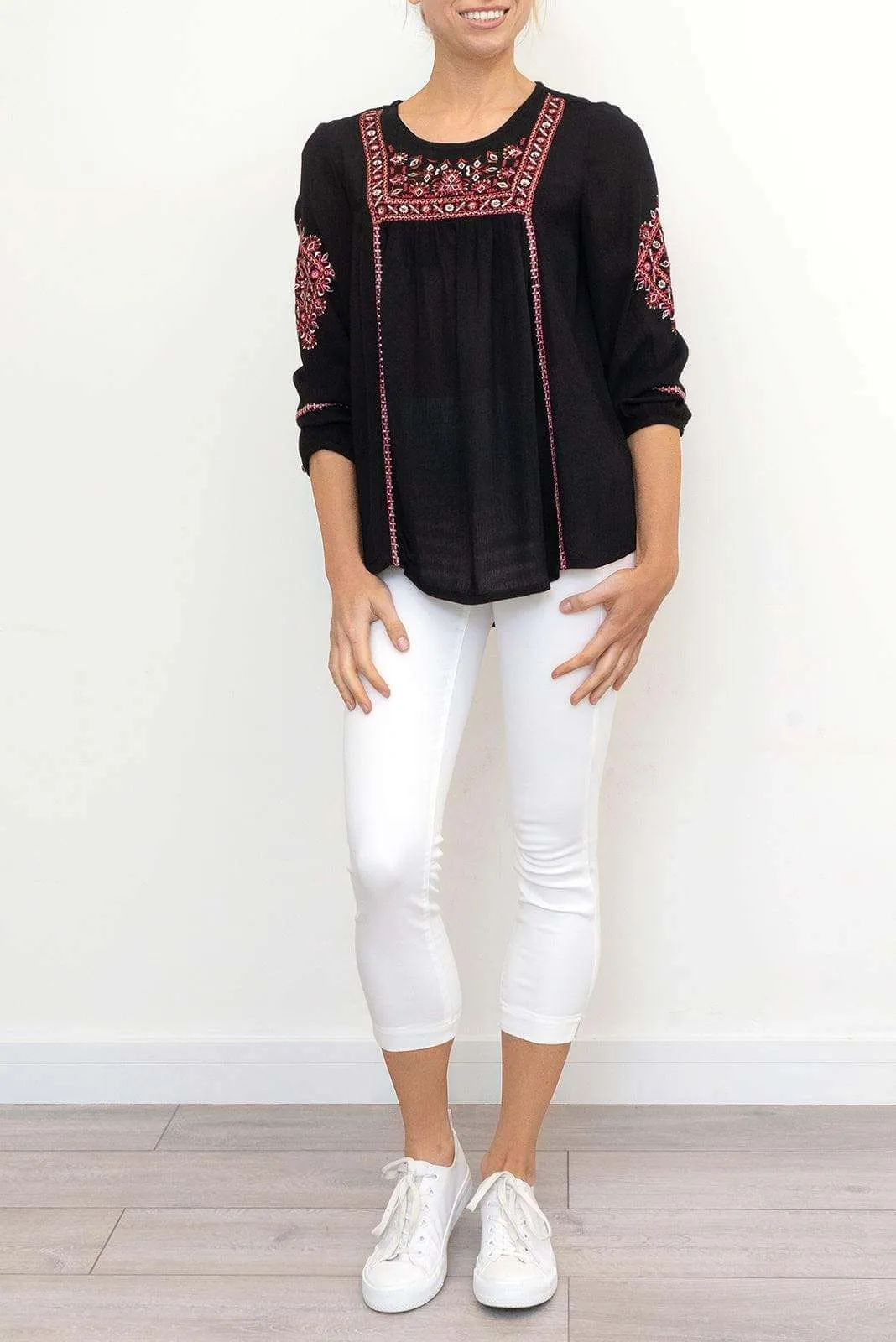 M&Co Embroidered Sequinned Long Sleeve Black Top