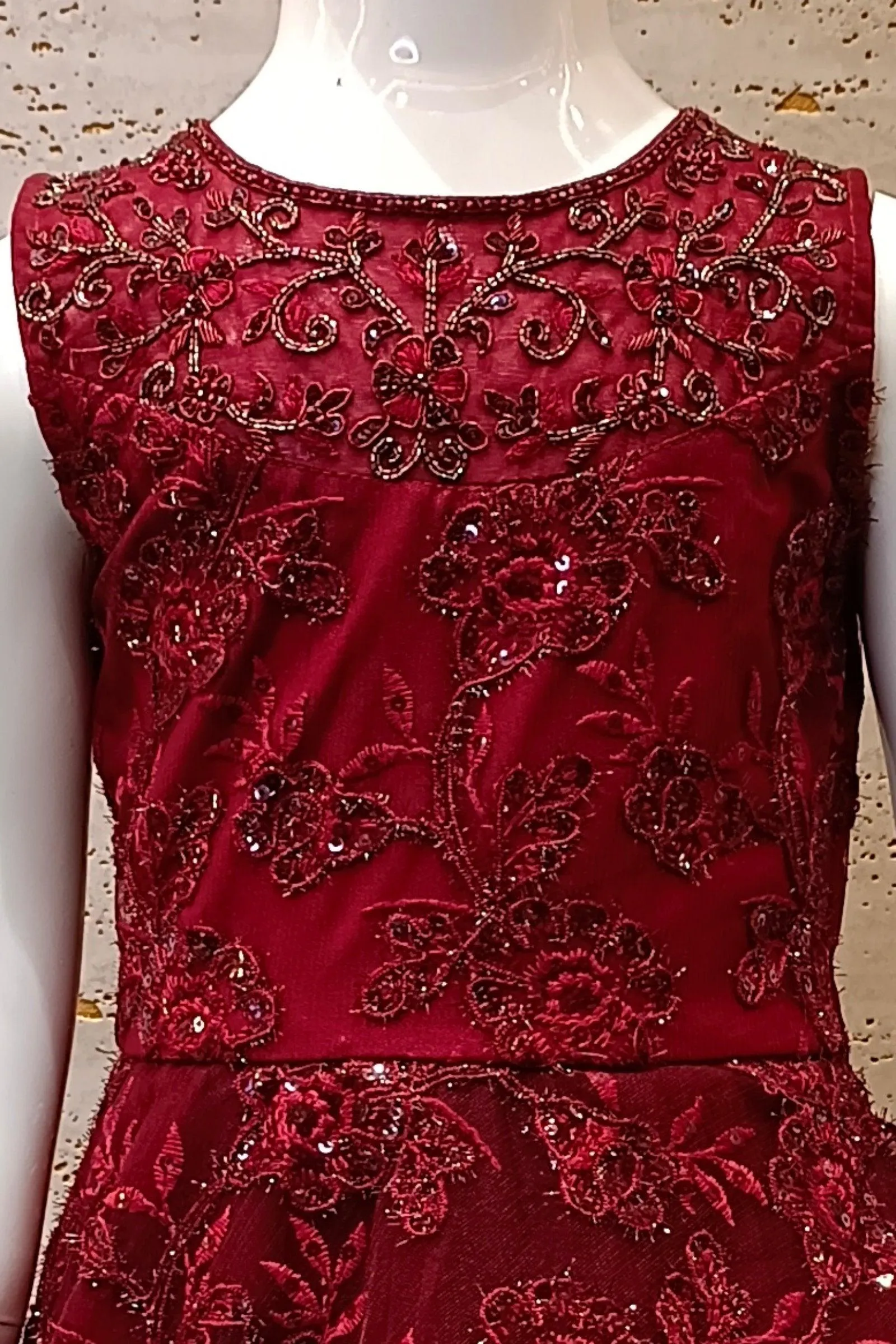 Maroon Beads, Thread and Sequins work Long Party Frock for Girls