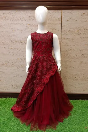 Maroon Beads, Thread and Sequins work Long Party Frock for Girls