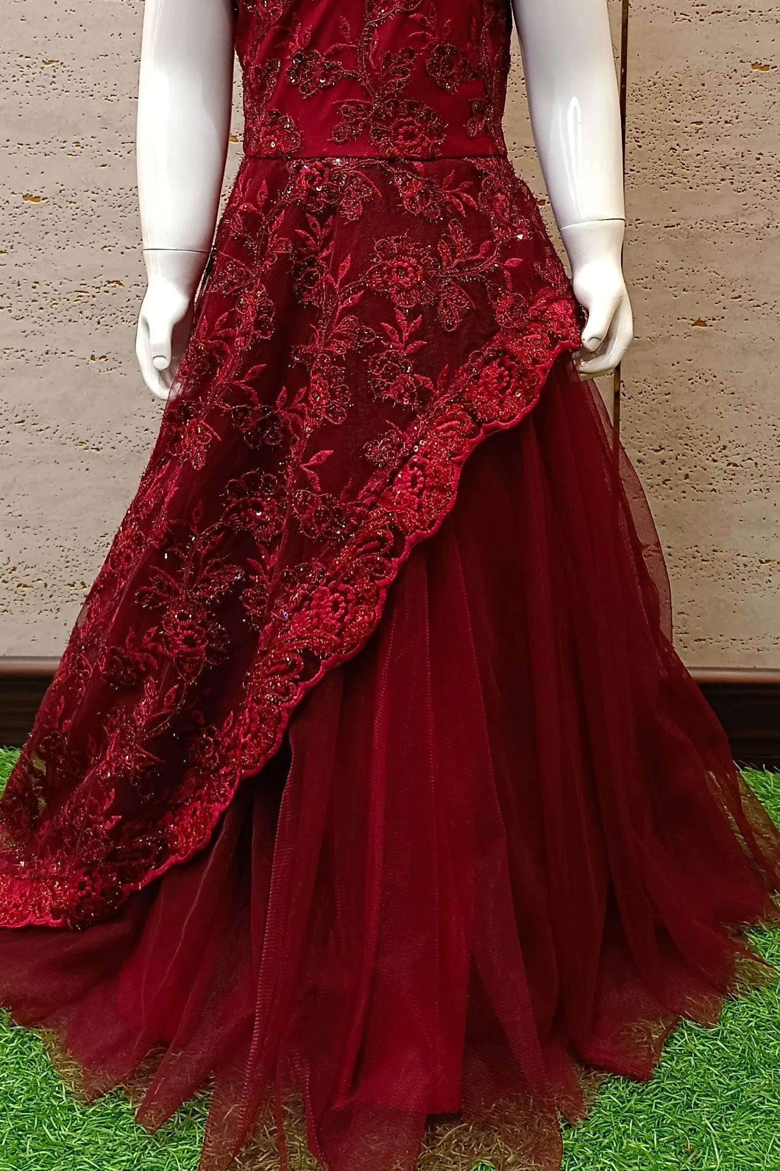 Maroon Beads, Thread and Sequins work Long Party Frock for Girls