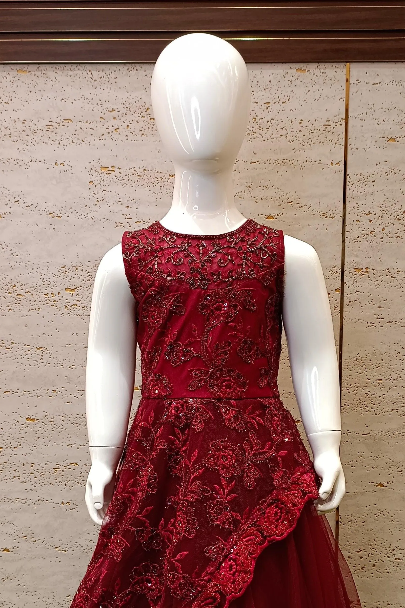 Maroon Beads, Thread and Sequins work Long Party Frock for Girls