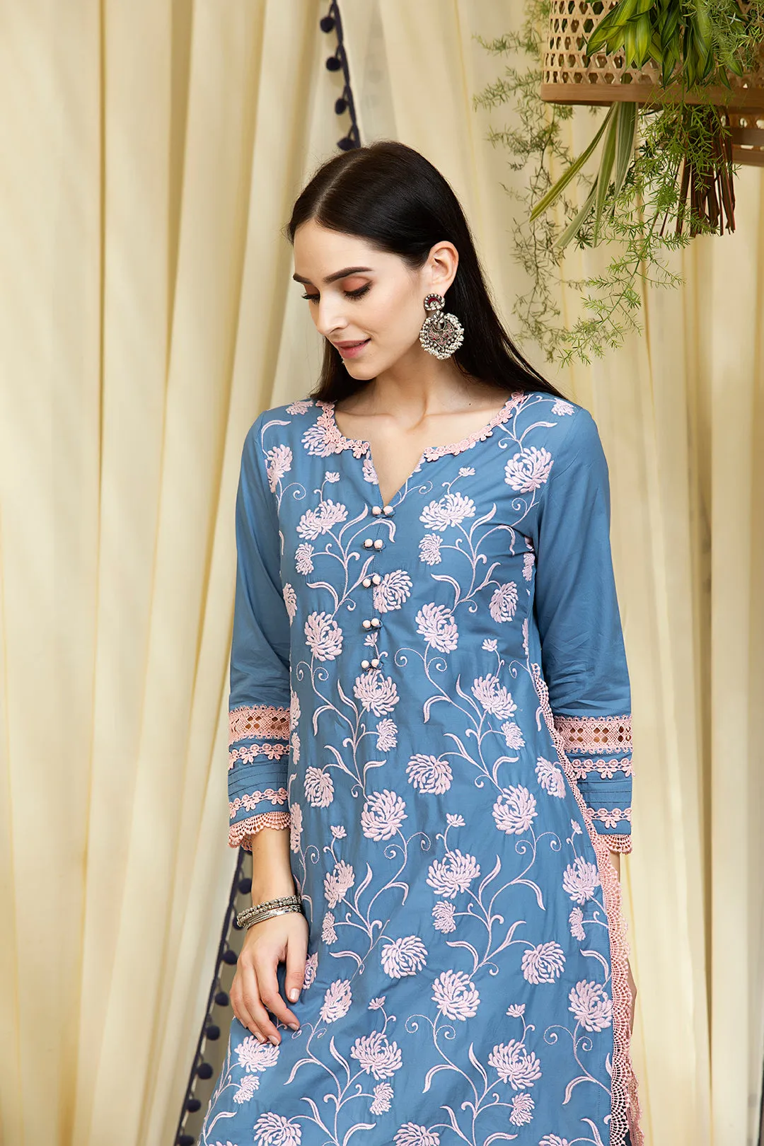 Mulmul Cotton Claudia Kurta Denim With Fern Cotton Pyajama