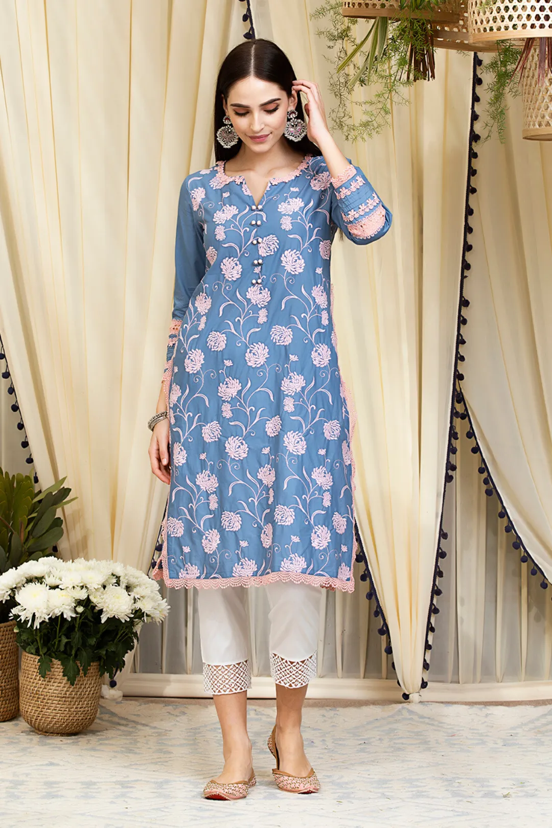 Mulmul Cotton Claudia Kurta Denim With Fern Cotton Pyajama