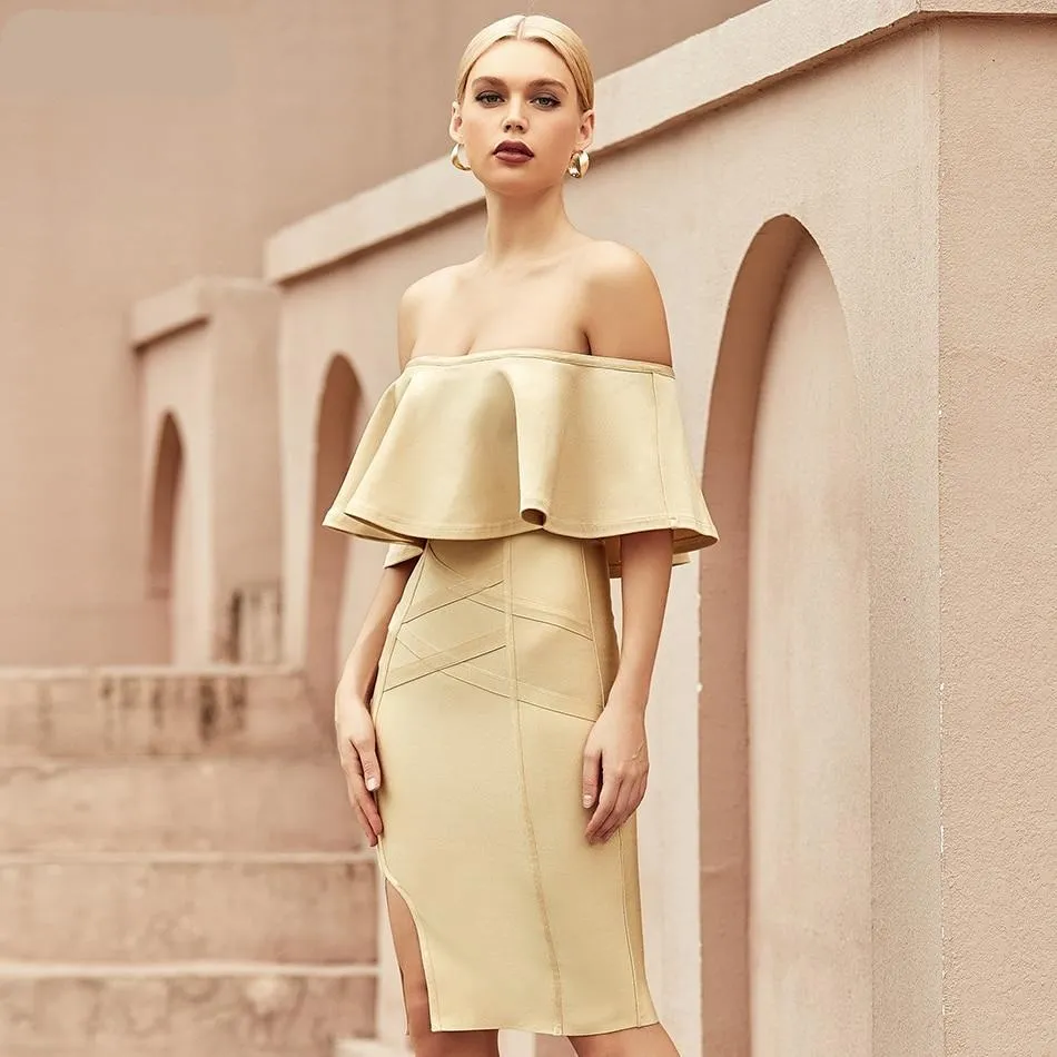 Off Shoulder Ruffles Runway Bandage Dress