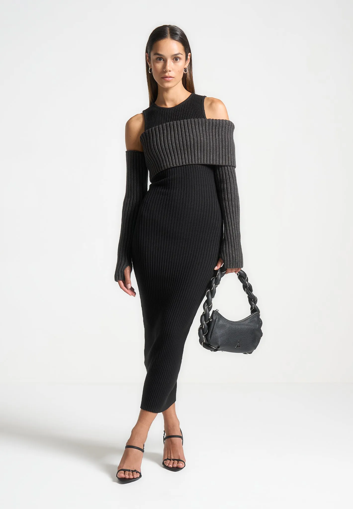 Overlay Knitted Midaxi Dress - Black/Grey