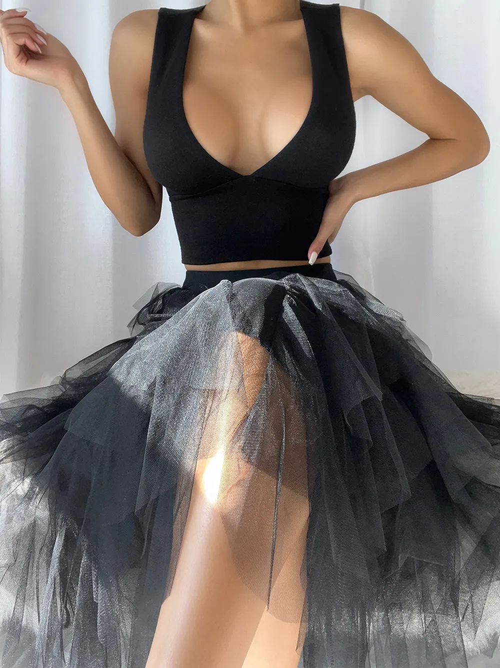 PISANA Asymmetrical Mesh Skirt in Black