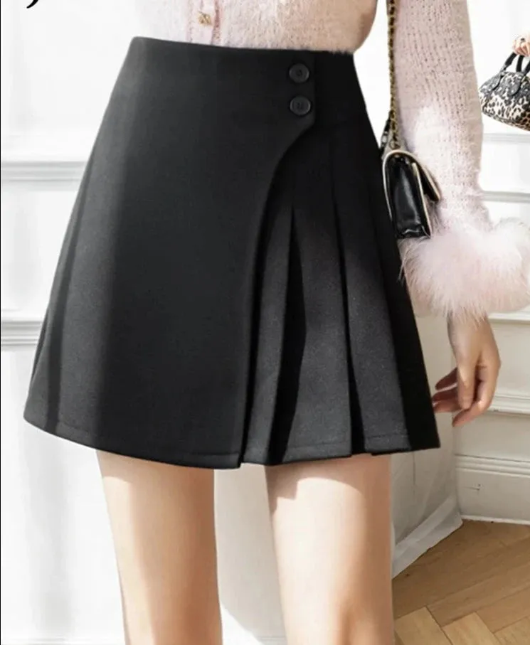 Pleated Skirt Women Winter Korean Style Slim Short Skirt A-Line Coffee Black Woolen Skirts for Women Office Lady S-XL